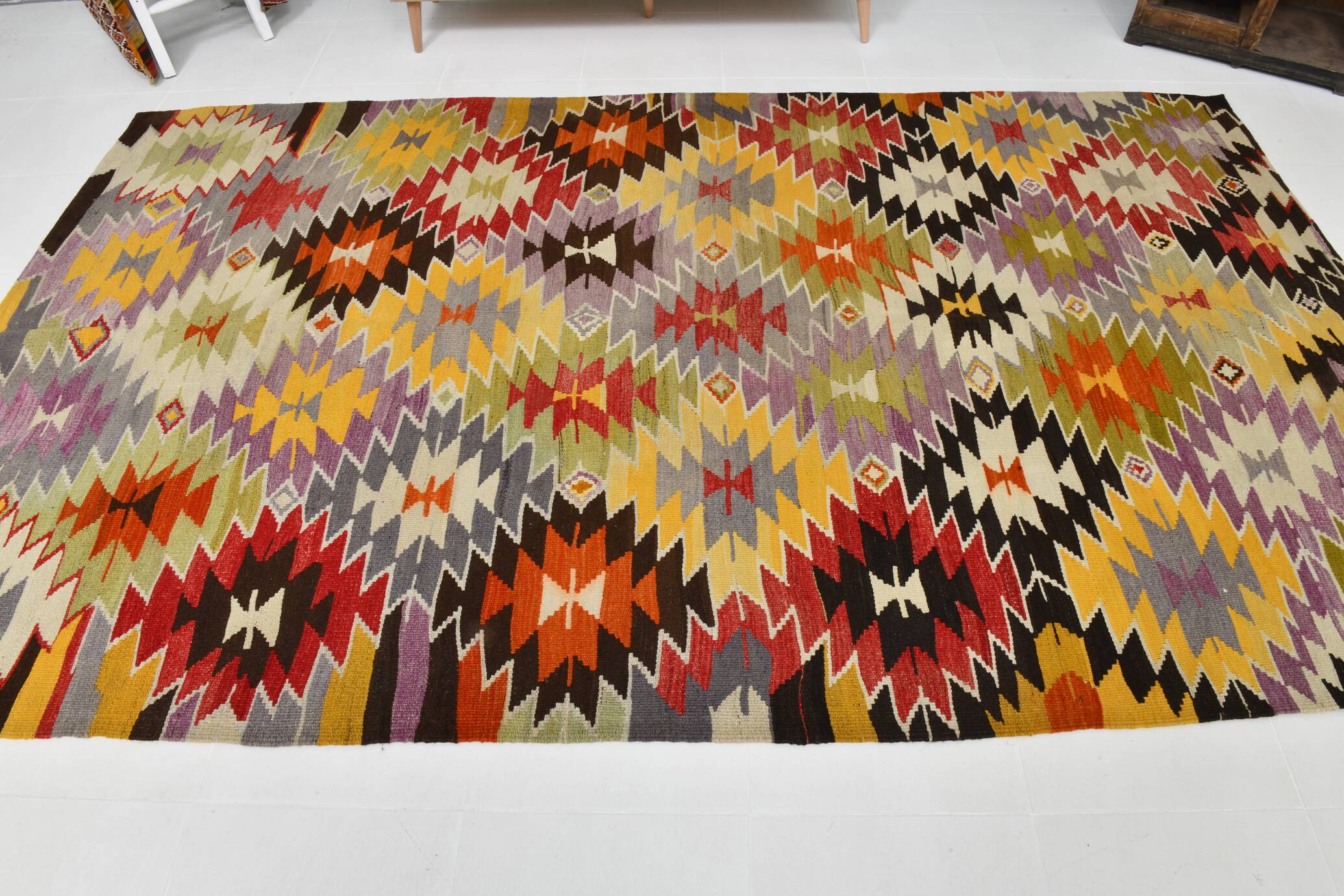 6x10 Tapis Kilim Turc Laine Fait Main, Style Bohème, Motifs Géométriques,