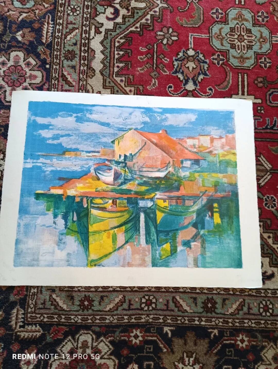 Lithograph José Palmeiro unsigned Spain Marina with boats 50x66 cm