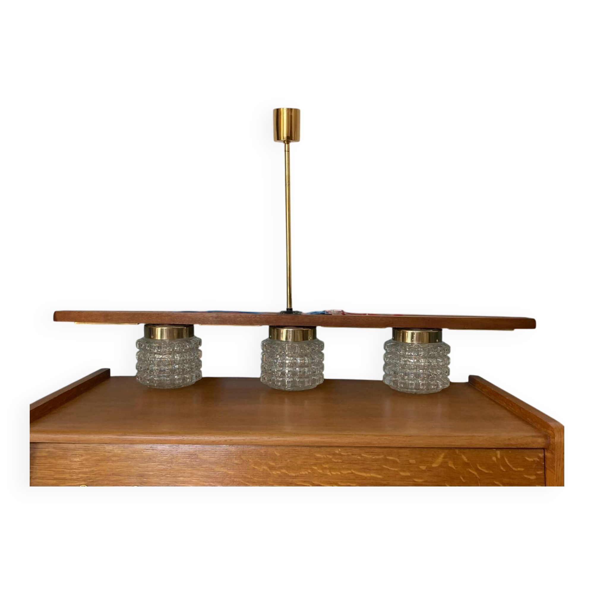 Vintage teak, brass and glass chandelier