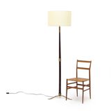 Floor lamp with a brass base and parchment shade, 1940s.