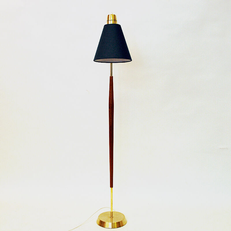 Lampadaire vintage en teck et laiton avec abat-jour vert par Borèns, Borås, Suède 1950s