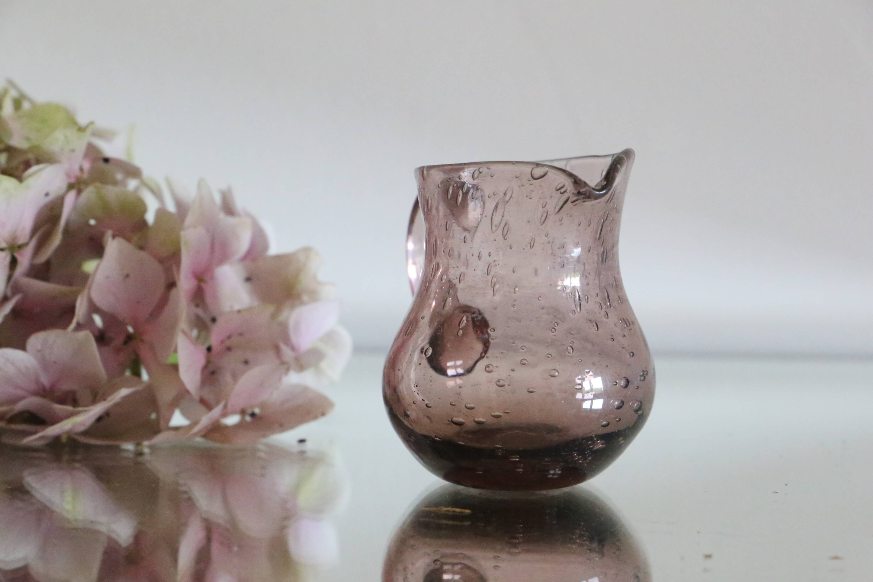 Milk jug, creamer, Biot in bubbled glass, handcrafted, purple, vintage