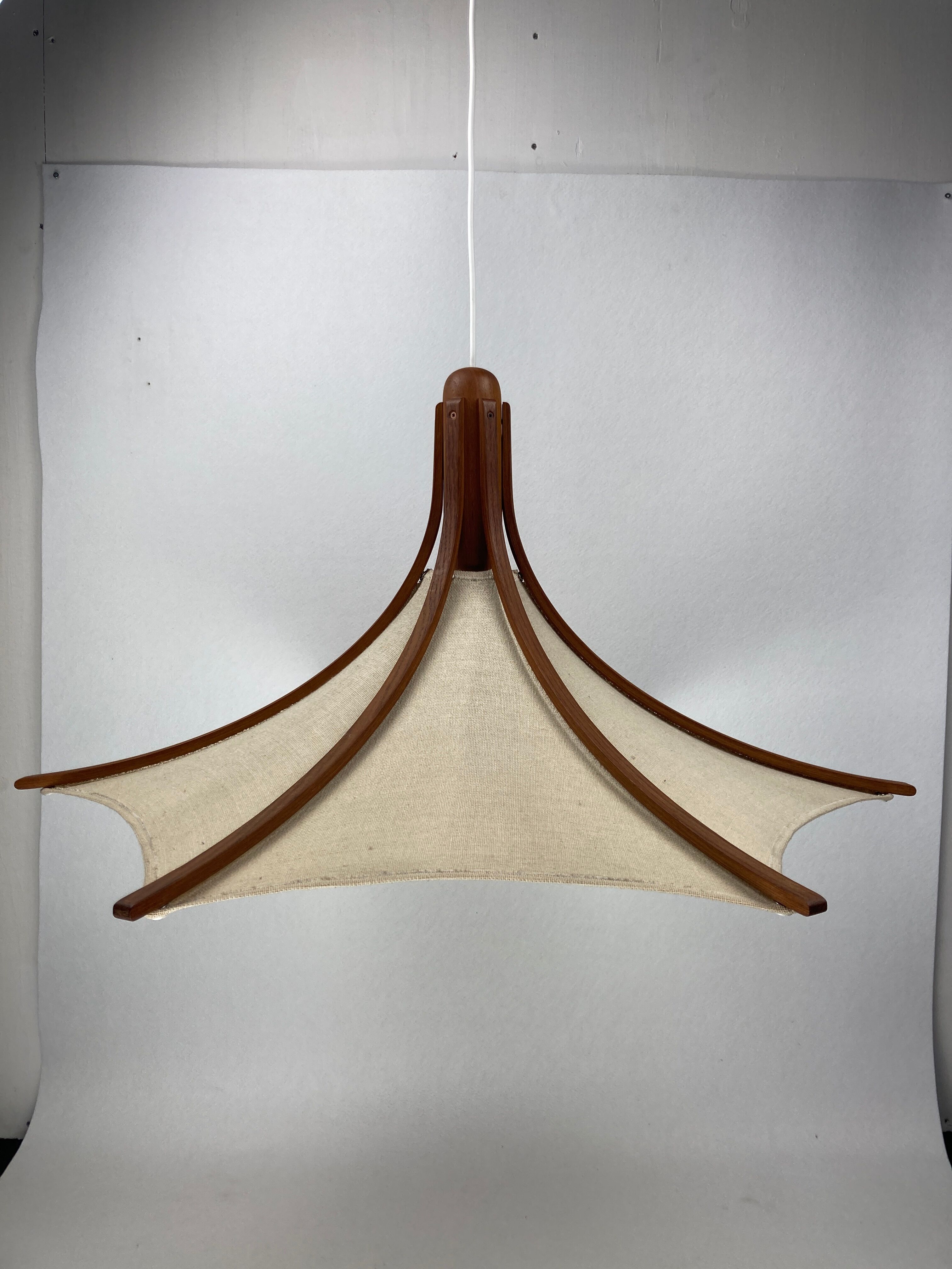 Teak and linen umbrella pendant by Domus, 1970s