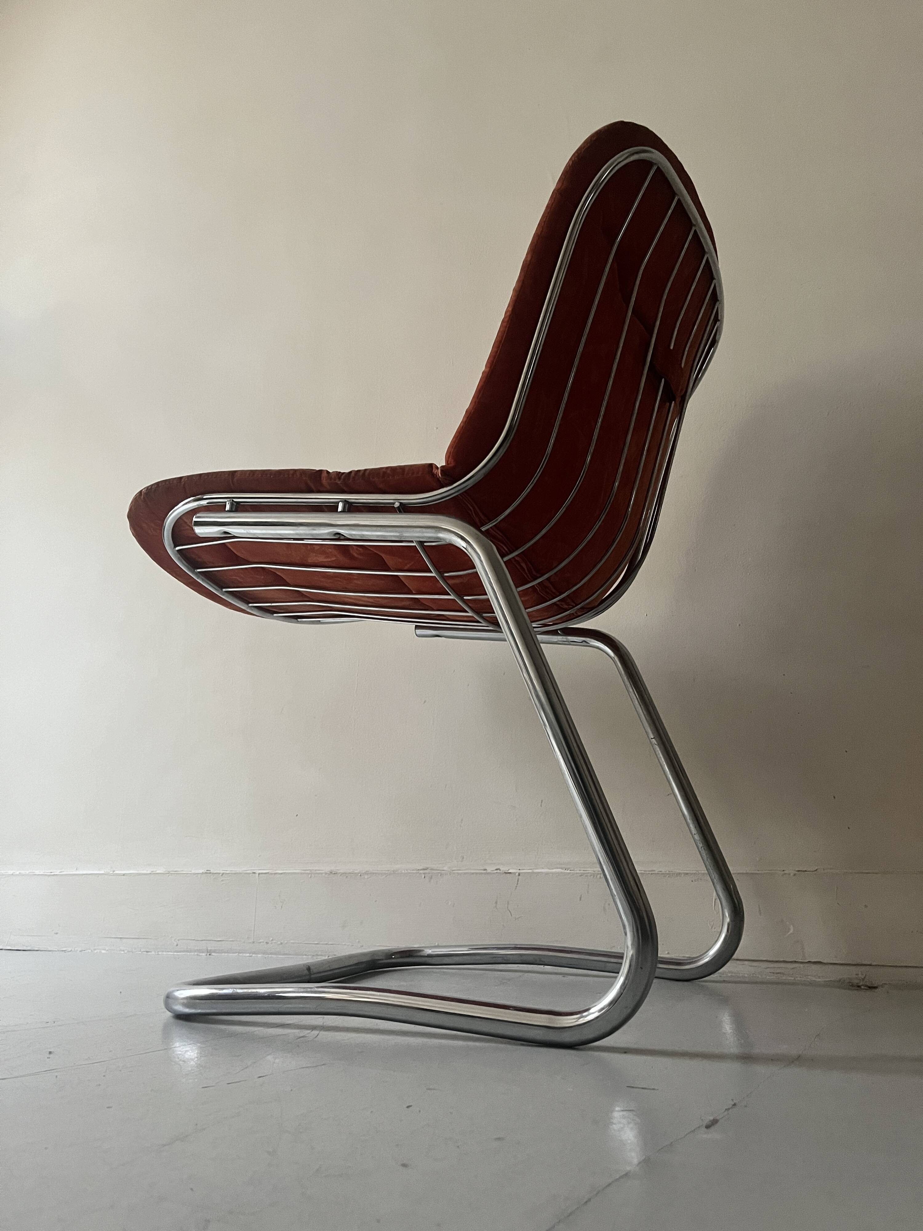 Rinaldi style chair in chromed metal and suede fabric cushion, 1970 design