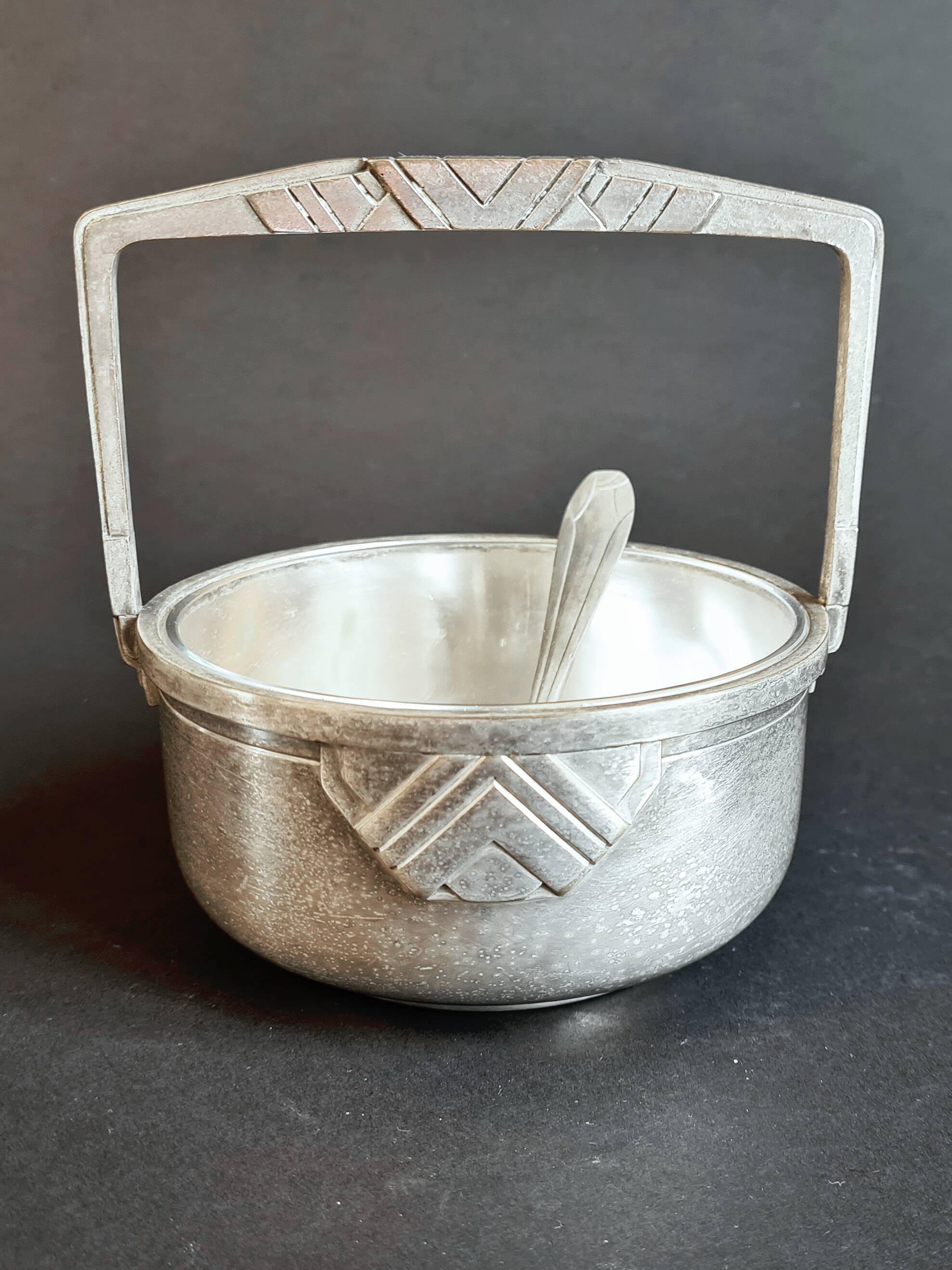 Art Deco silver-plated ice bucket + cocktail spoon