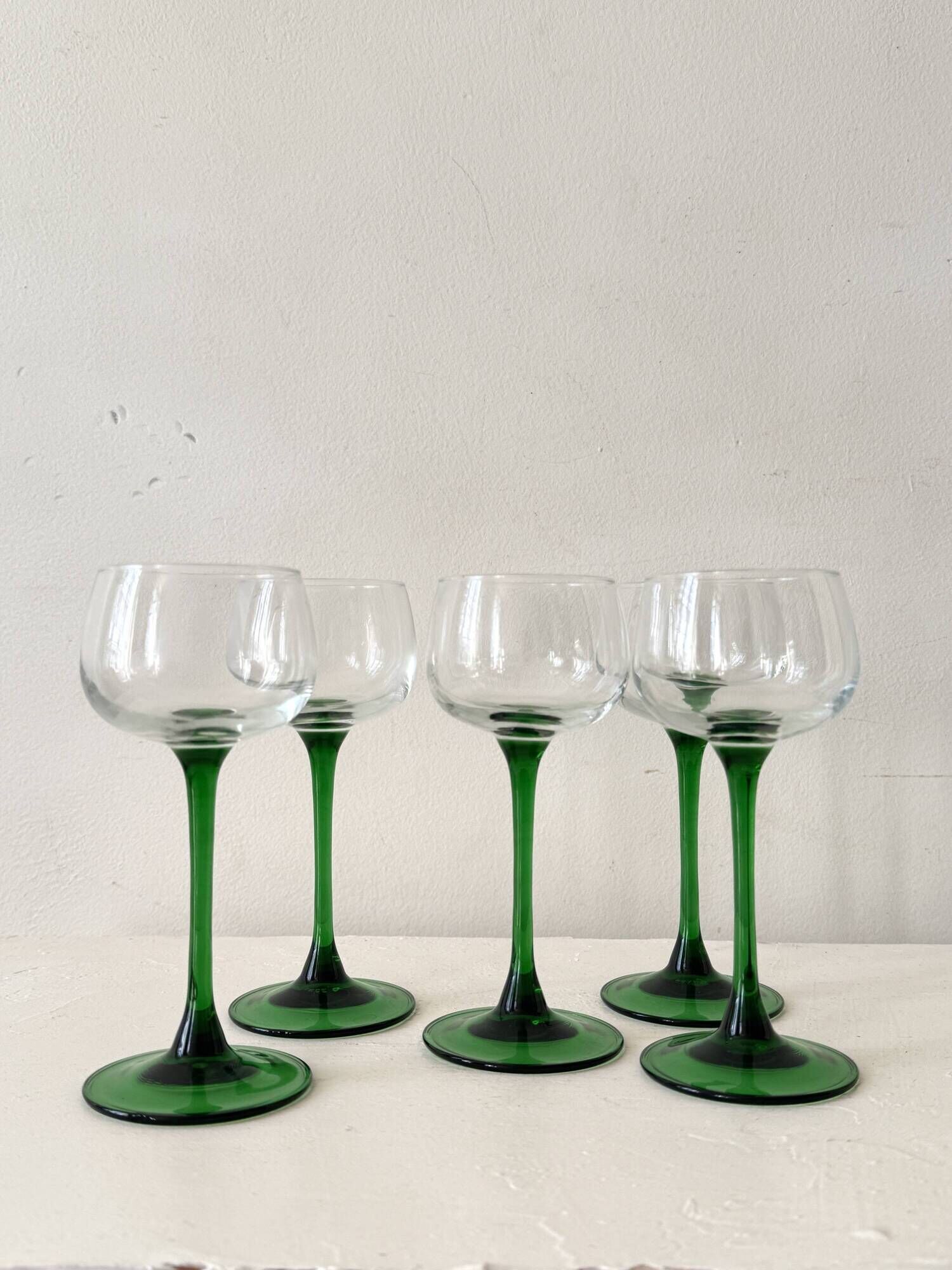 French service of green bottle glass wine glasses, Alsace 1970.