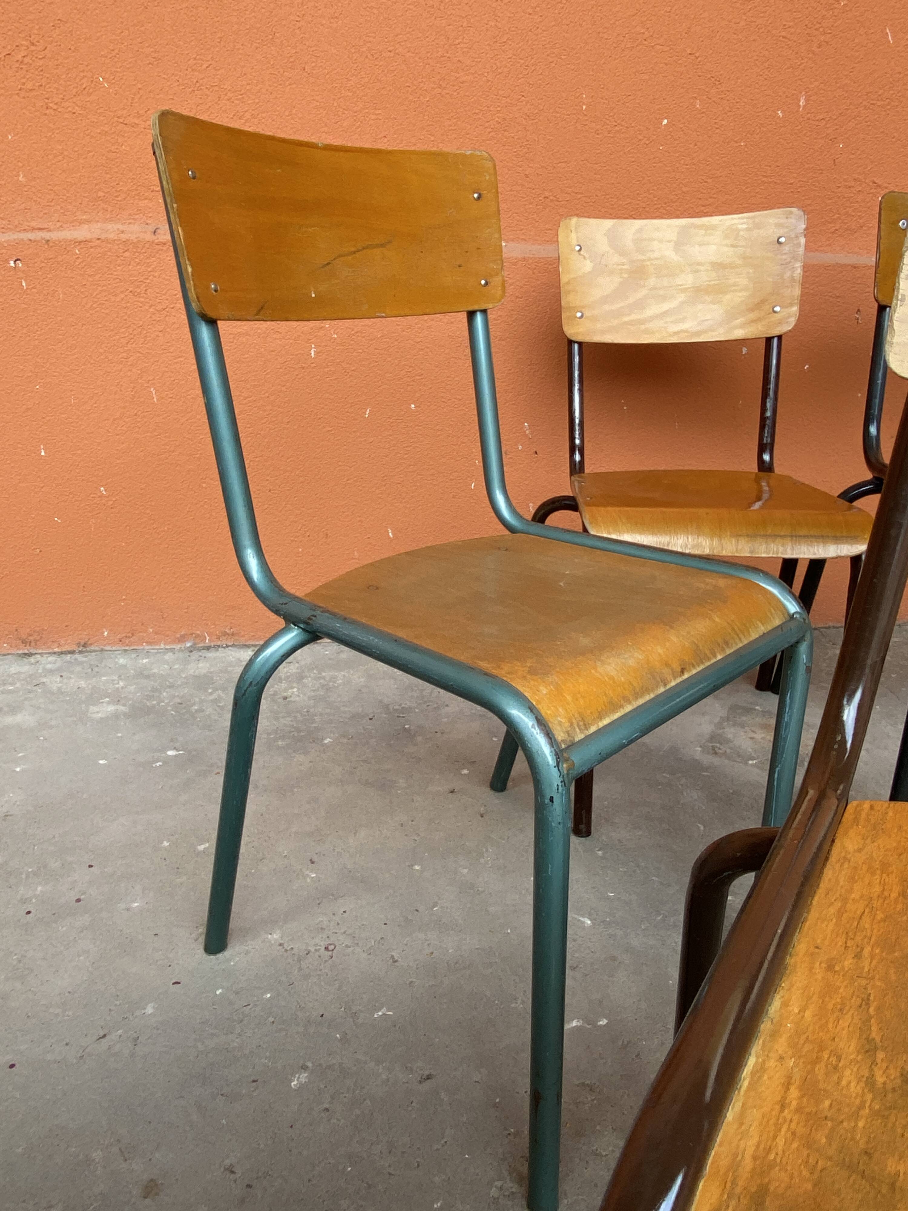 10 mismatched school chairs, restaurant, 1960s