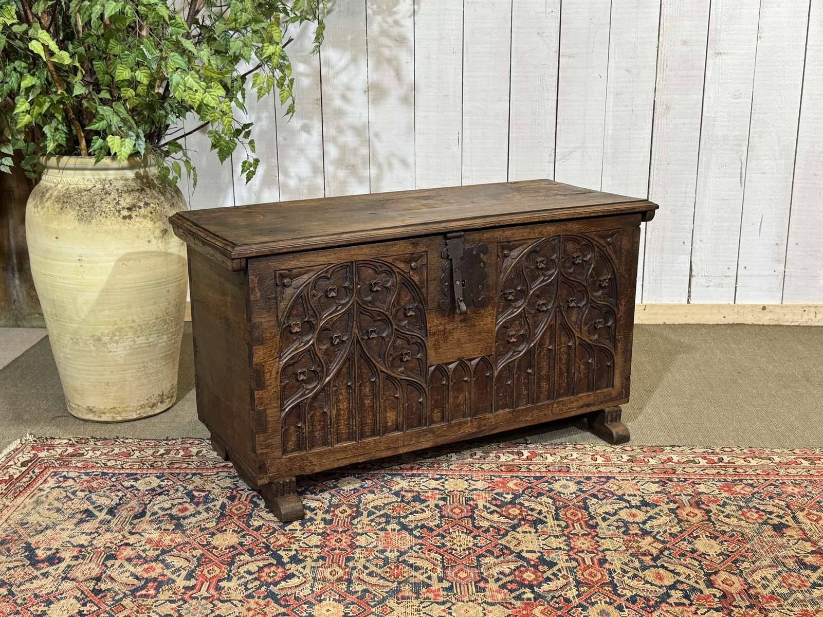 18th-century oak chest with Gothic decoration