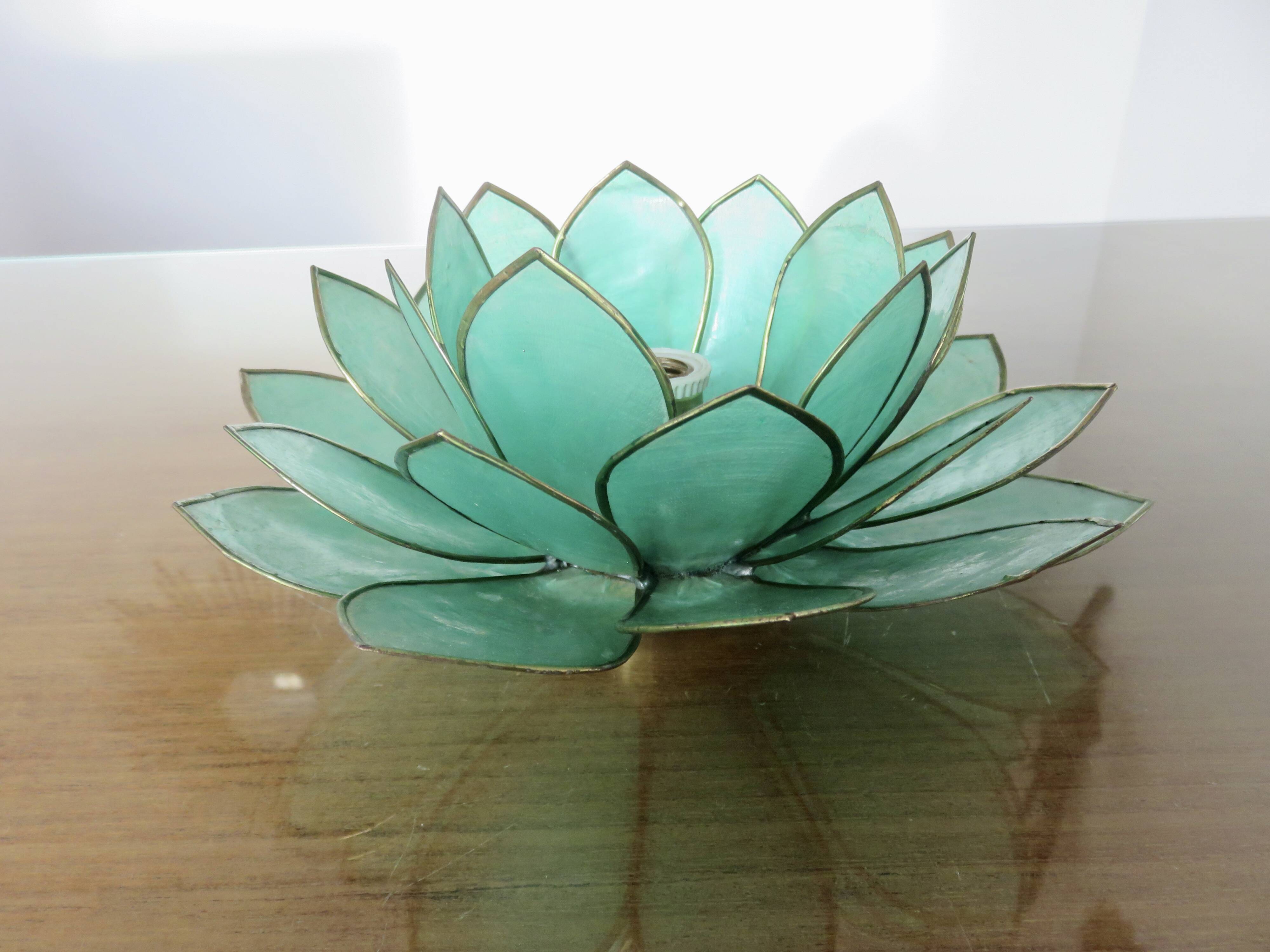 Capiz green mother-of-pearl and brass flower lamp, 1970s