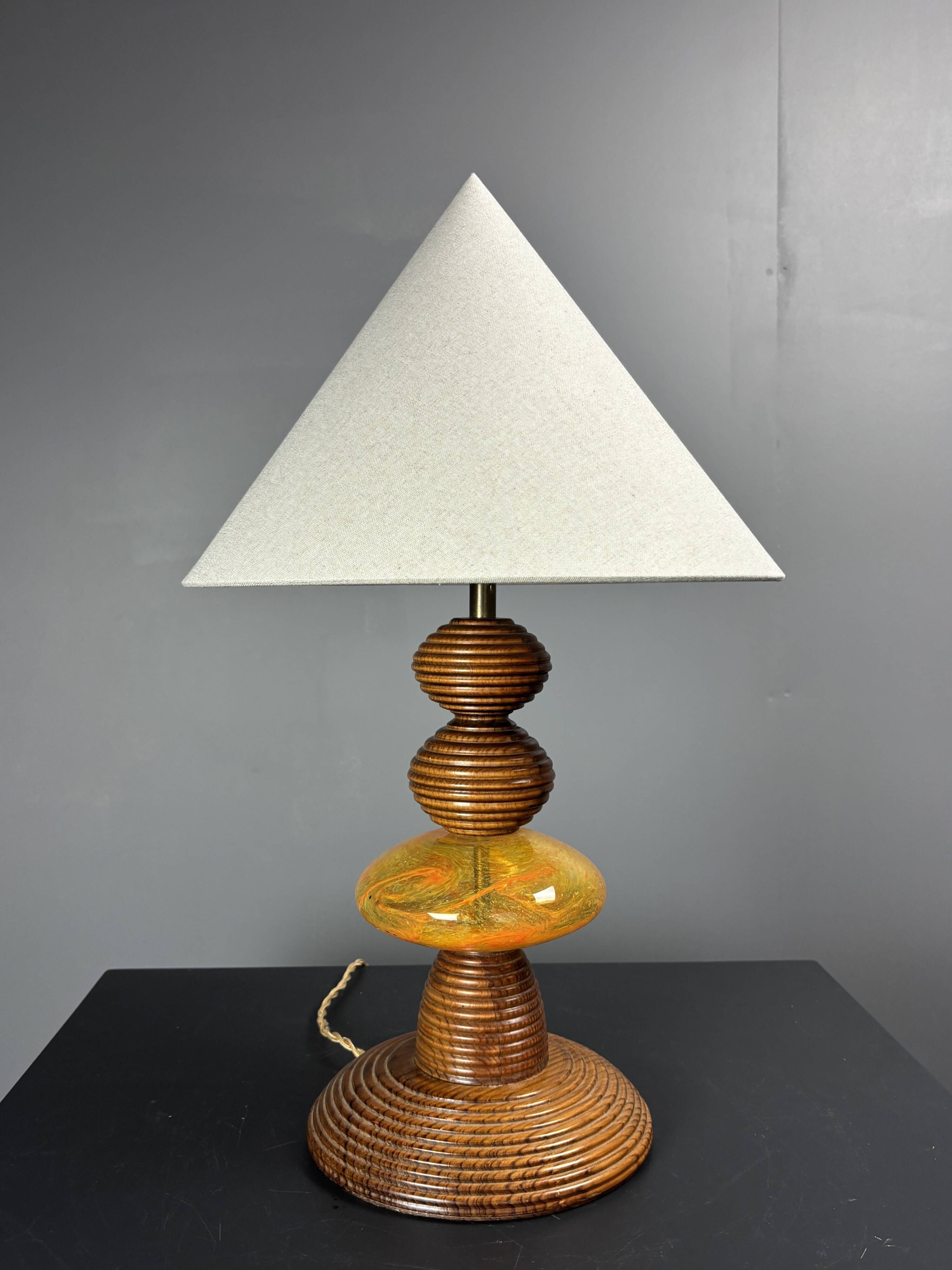 Midcentury wood turned adjustable table lamp with glass sphere, 1970s
