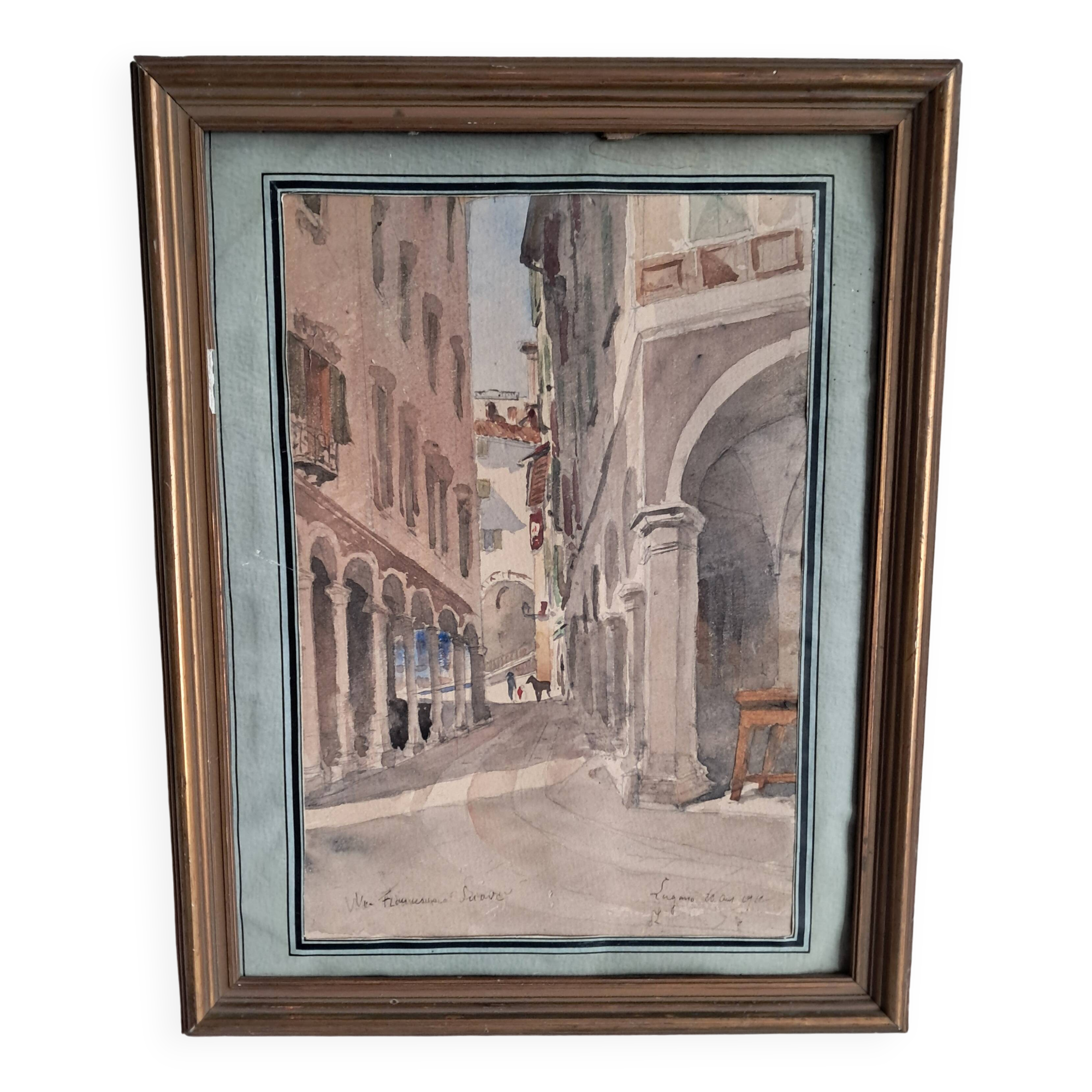 Ancient painting depicting a street in Lugano, Switzerland.