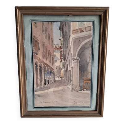 Tableau ancien représentant une rue de Lugano en Suisse