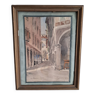 Ancient painting depicting a street in Lugano, Switzerland.