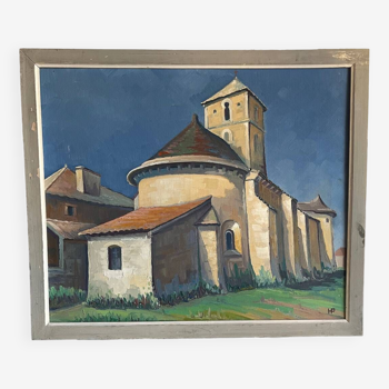 Signed colorful church view canvas painting