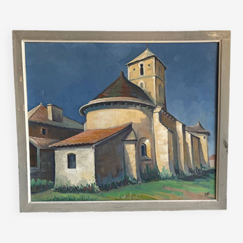 Tableau sur toile vue église coloré signé