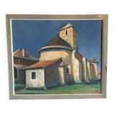 Tableau sur toile vue église coloré signé
