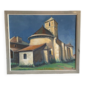 Signed colorful church view canvas painting