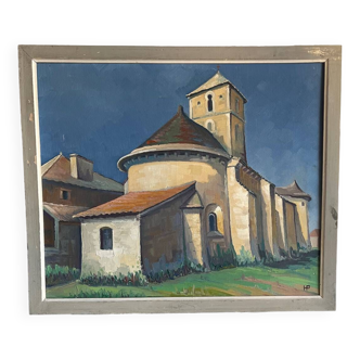 Signed colorful church view canvas painting