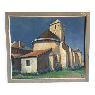 Tableau sur toile vue église coloré signé