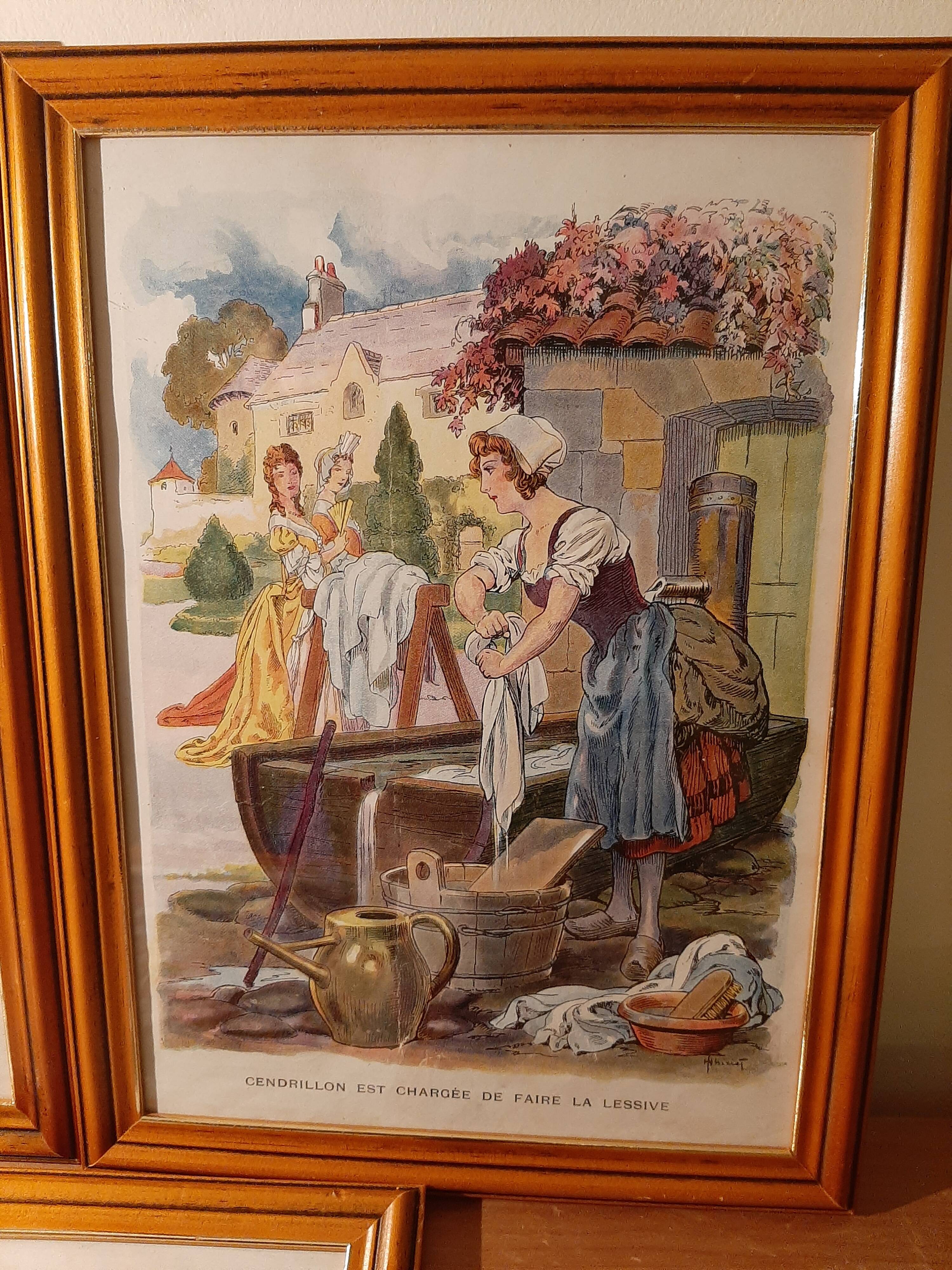 3 old Cinderella illustrations framed under glass