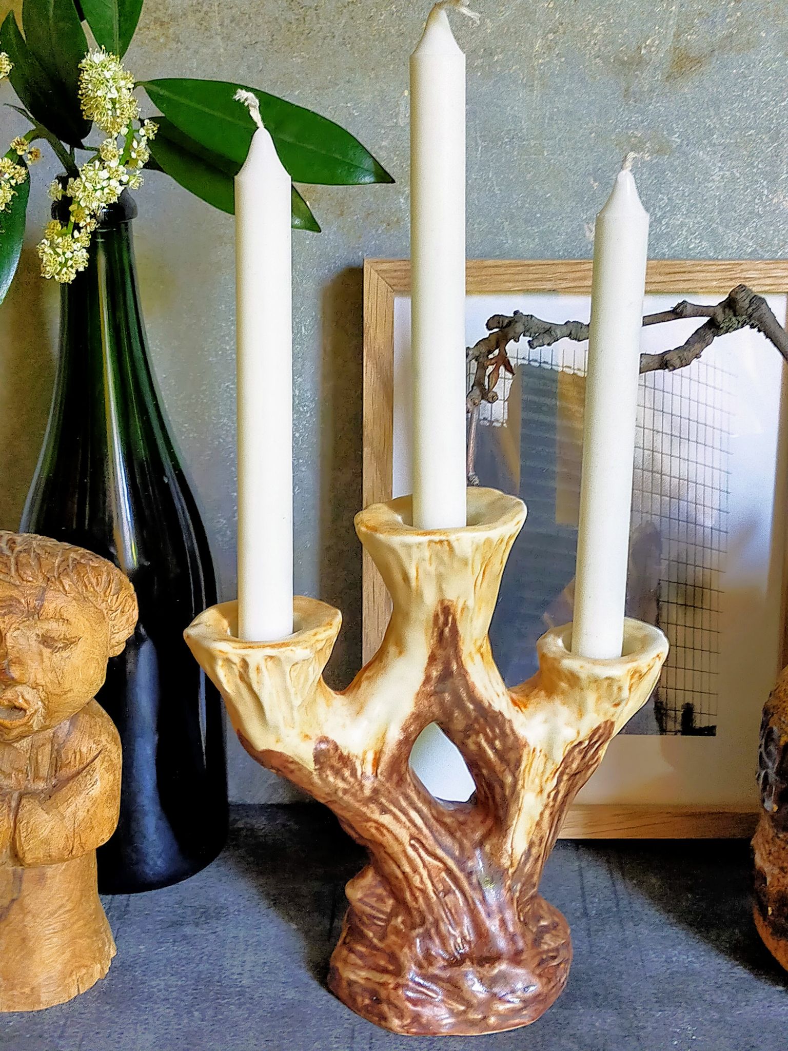 Bougeoir céramique faux-bois années 50