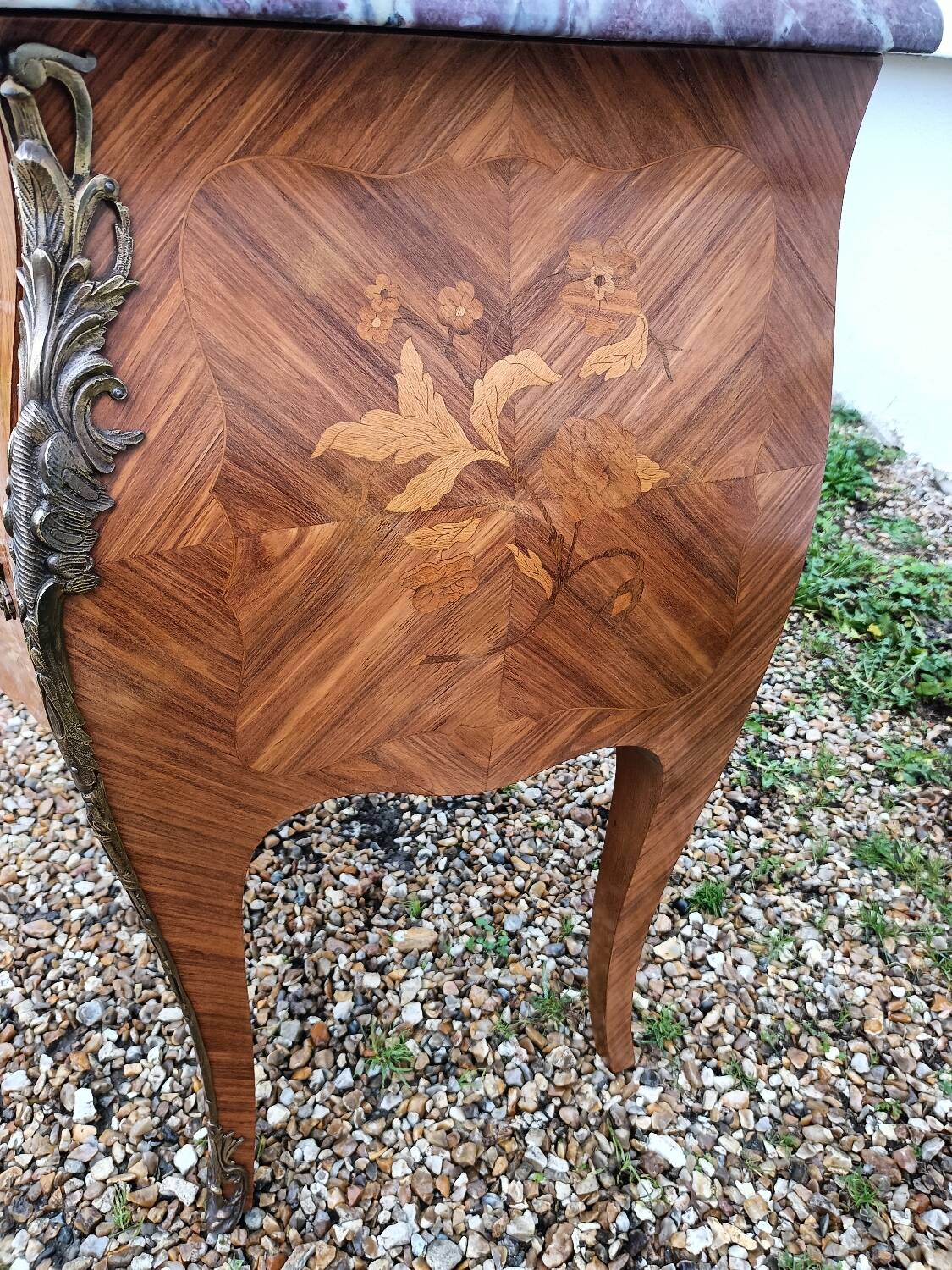 Old marquetry chest of drawers, Louis XV style marble top