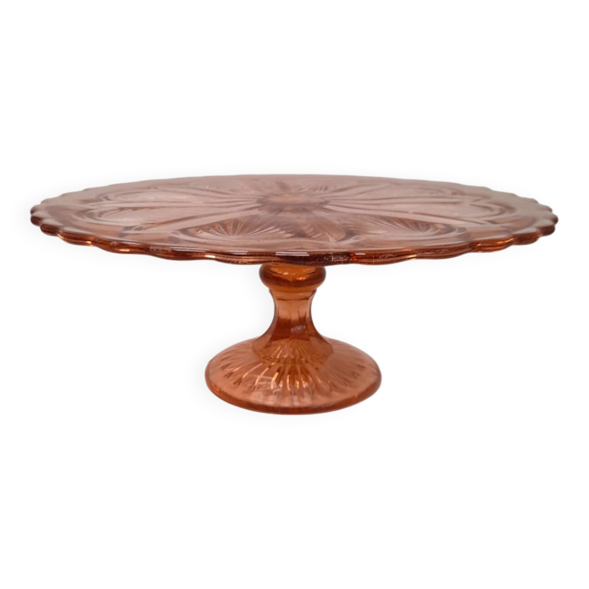 Pink pressed glass cake stand