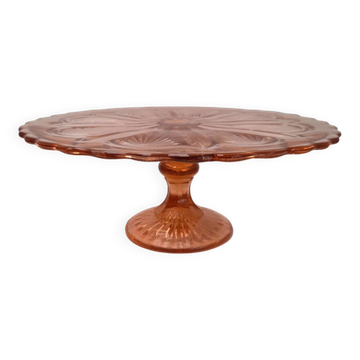 Pink pressed glass cake stand
