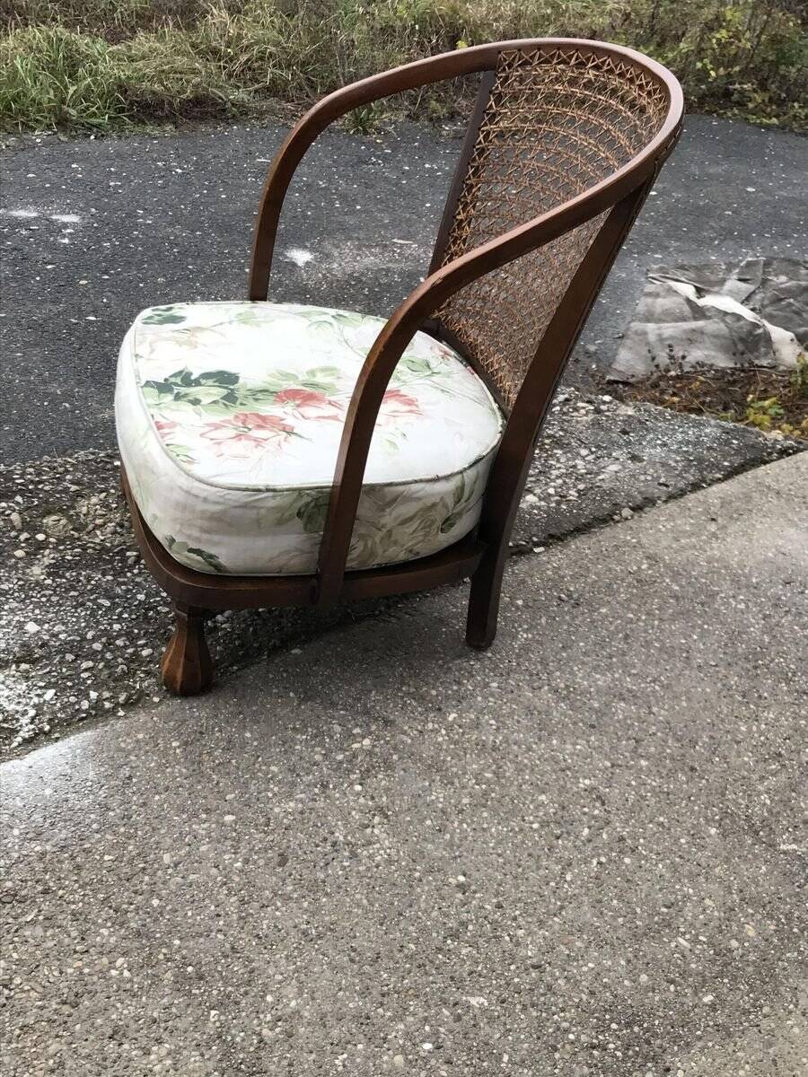 Vintage brown armchair in floral fabric and mahogany wood, 1950s, low back.