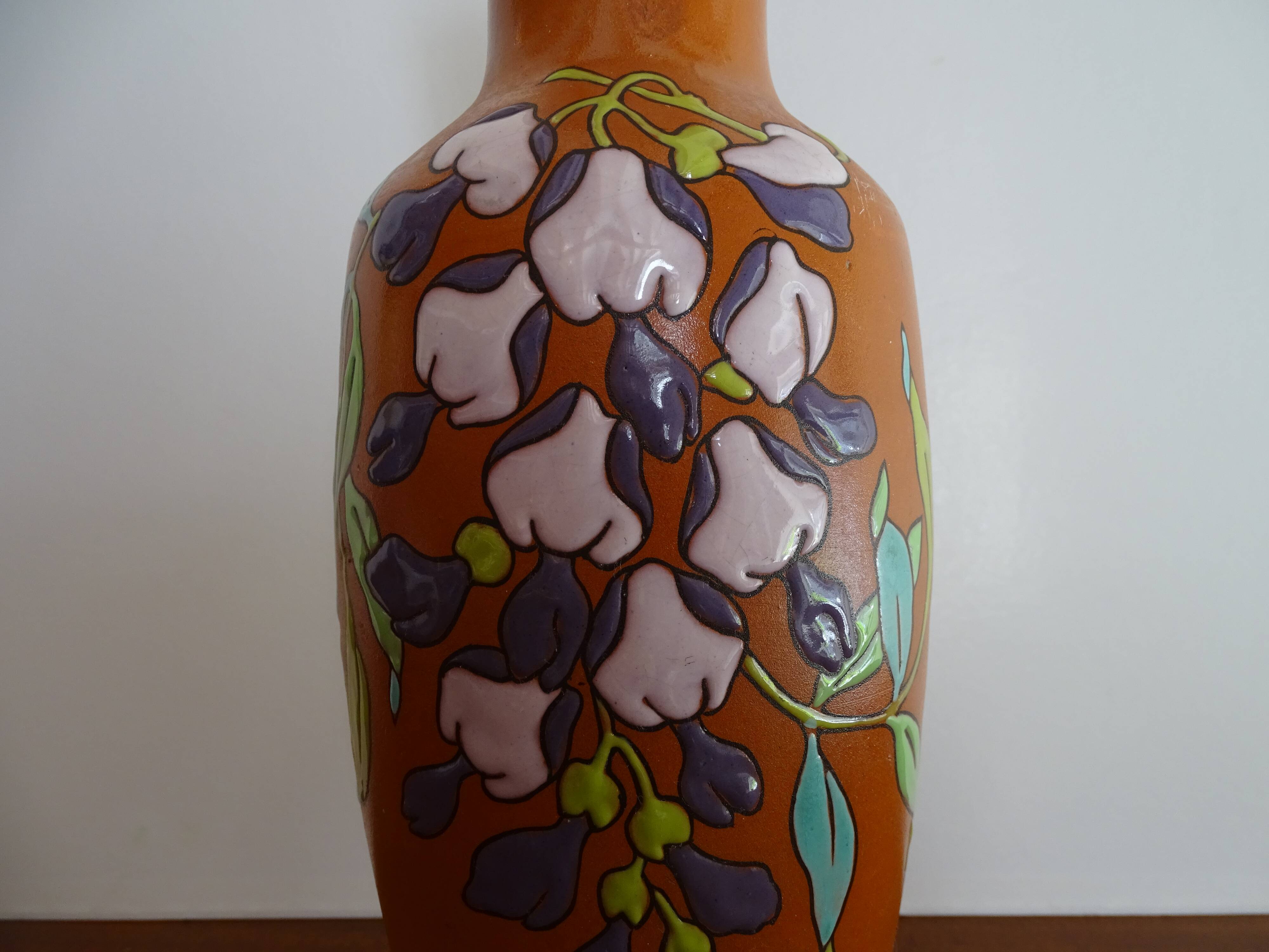 Old Lonchamp iron earth vase polychrome enamels floral decoration - Signed - 36 cm