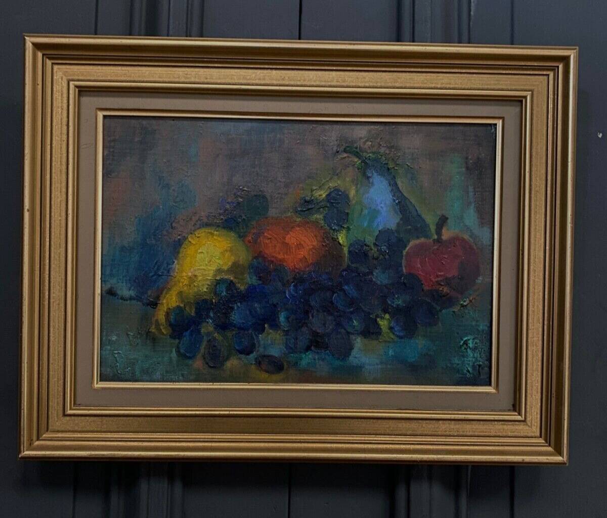 Oil on cardboard still life with fruits 1970 golden frame