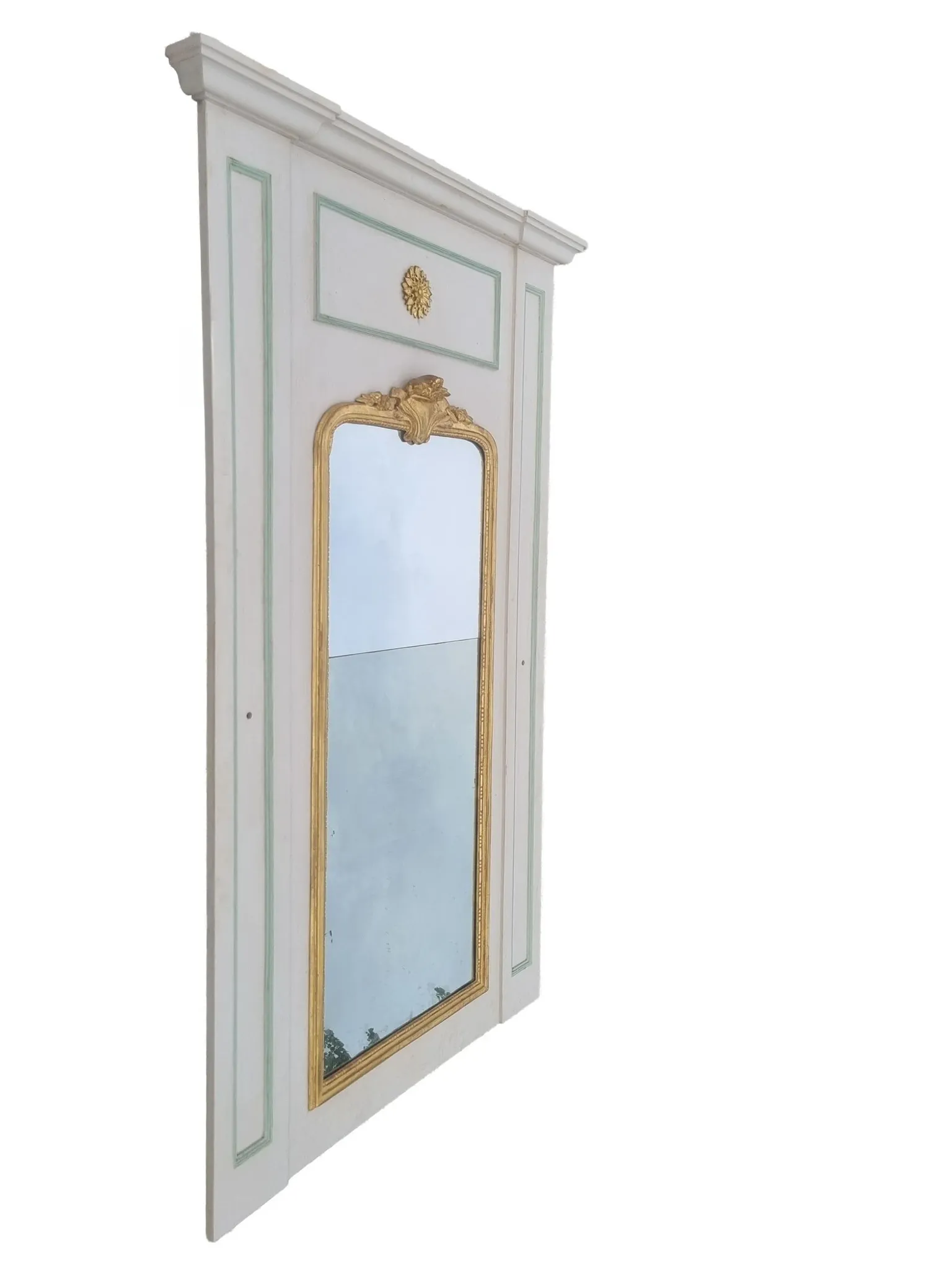 Large French mirror in architectural panel with gilt frame