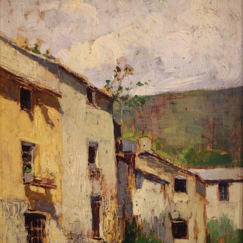 Italian landscape painting view of houses from the 20th century