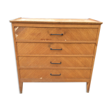 Vintage chest of drawers with compass feet oak-plated façade to restore or repaint.