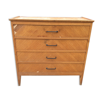 Vintage chest of drawers with compass feet oak-plated façade to restore or repaint.