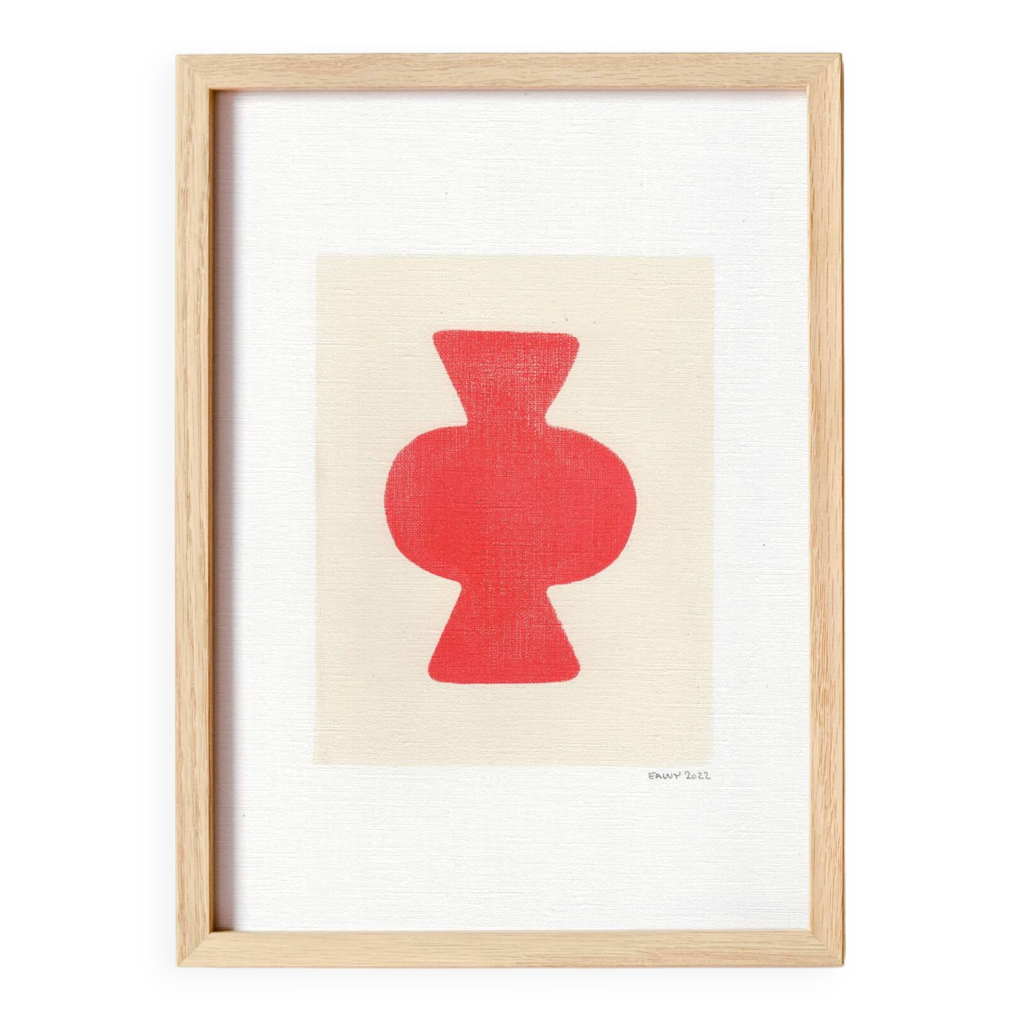 Abstract painting on paper, primary red, signed Eawy.