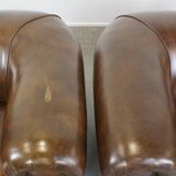 Set of 2 Large Dark Cowhide Leather Chesterfield Armchairs