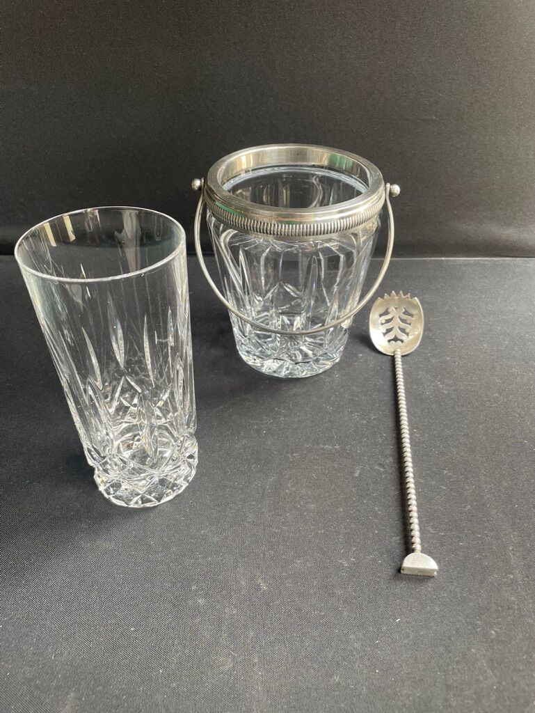 Ice bucket with spoon and glass – cut crystal and silver metal