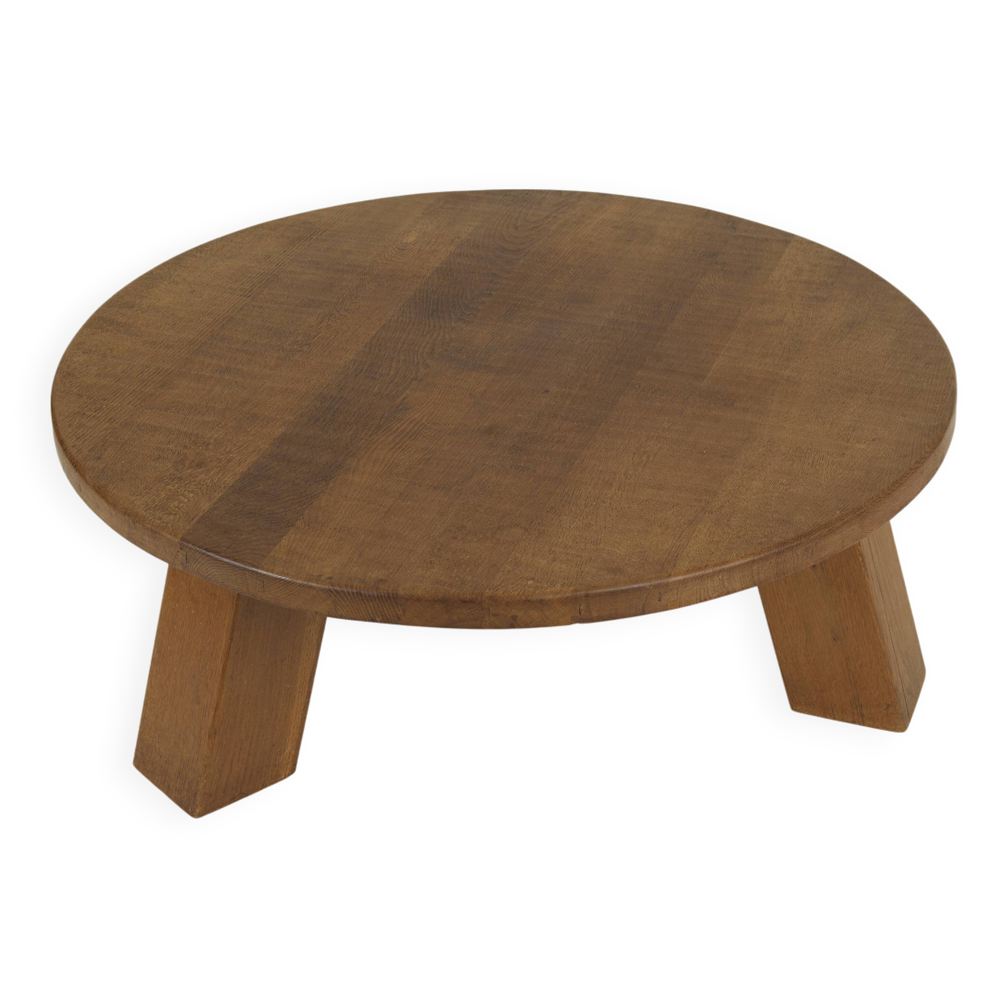 Brutalist round tripod coffee table in solid wood (Oak) Circa 1960