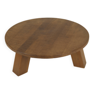 Table basse tripode ronde brutaliste en bois (Chêne) massif Circa 1960