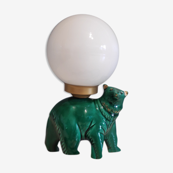 Green ceramic bear lamp and white opaline globe