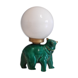 Green ceramic bear lamp and white opaline globe