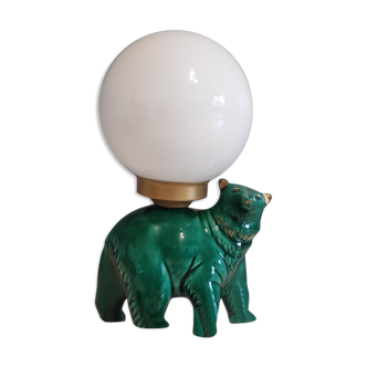Lampe ours en céramique verte et globe opaline blanc