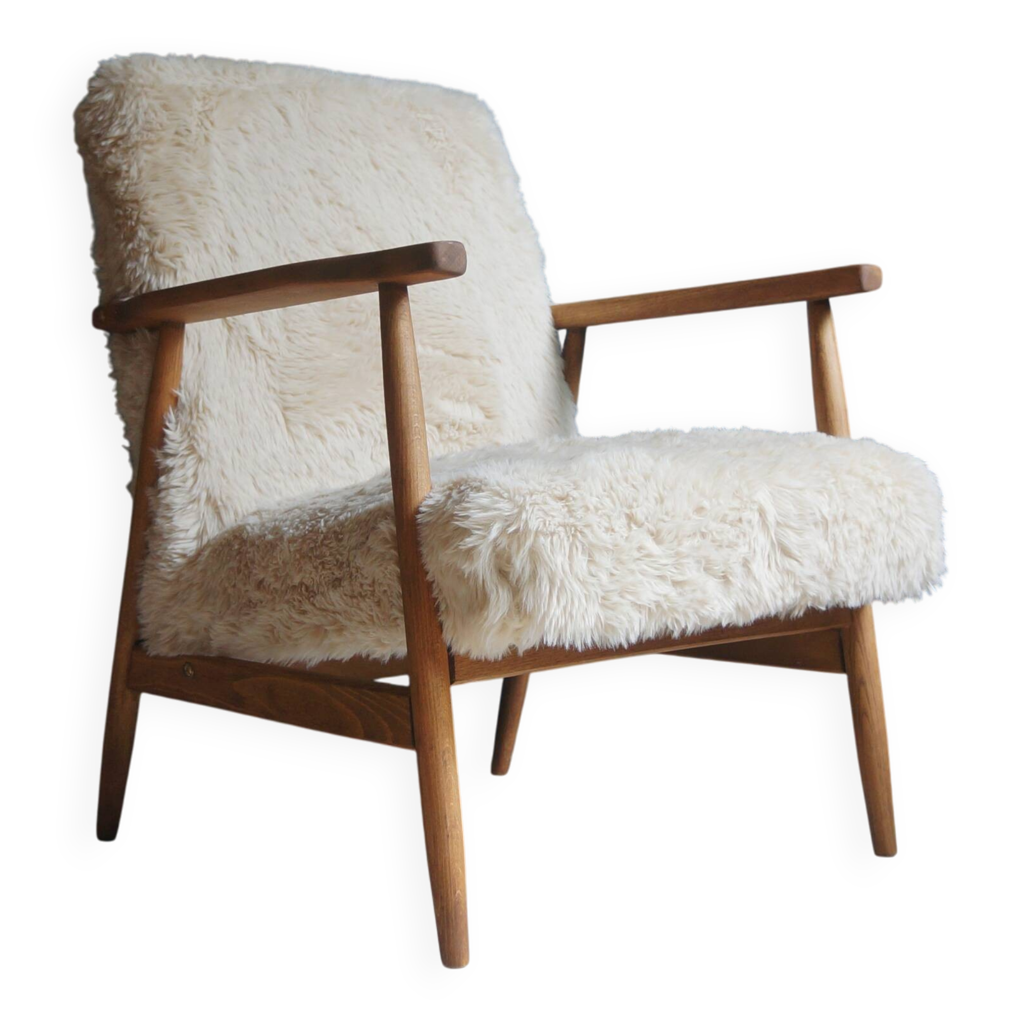Vintage Armchair Mid-Century Beige Faux Fur Restored