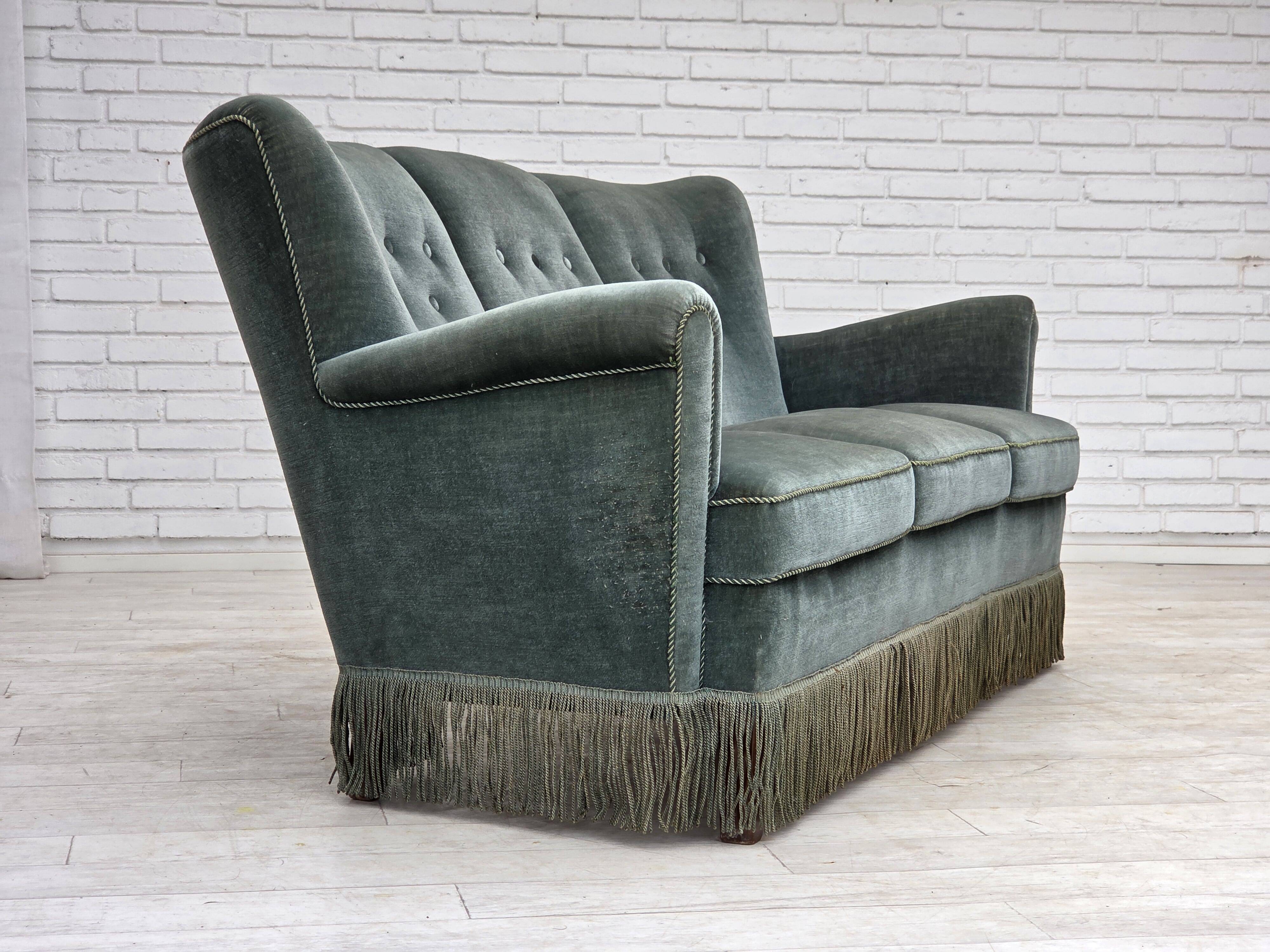 1960s, 3-seater Danish sofa, green furniture velour.