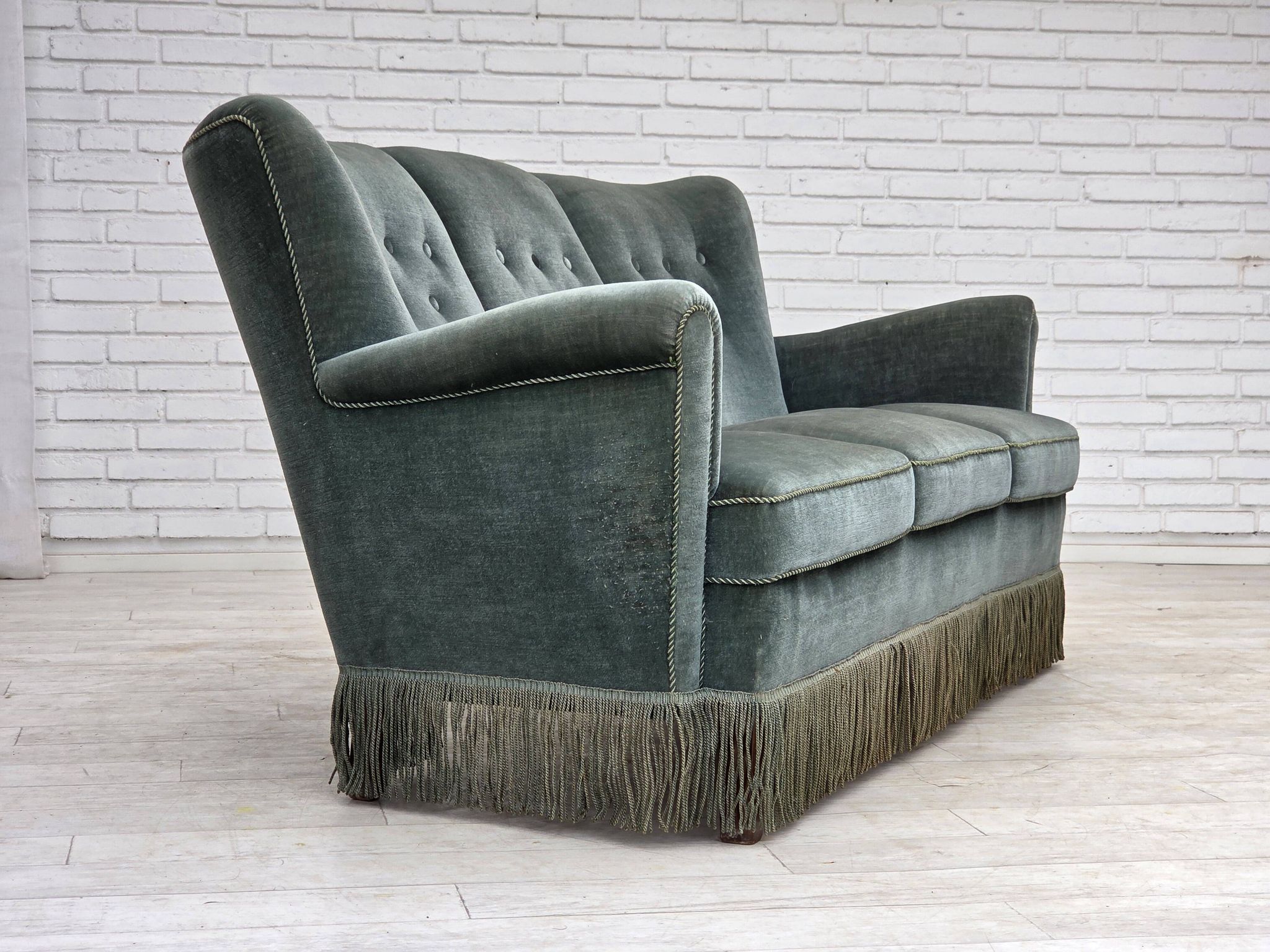 1960s, 3-seater Danish sofa, green furniture velour.