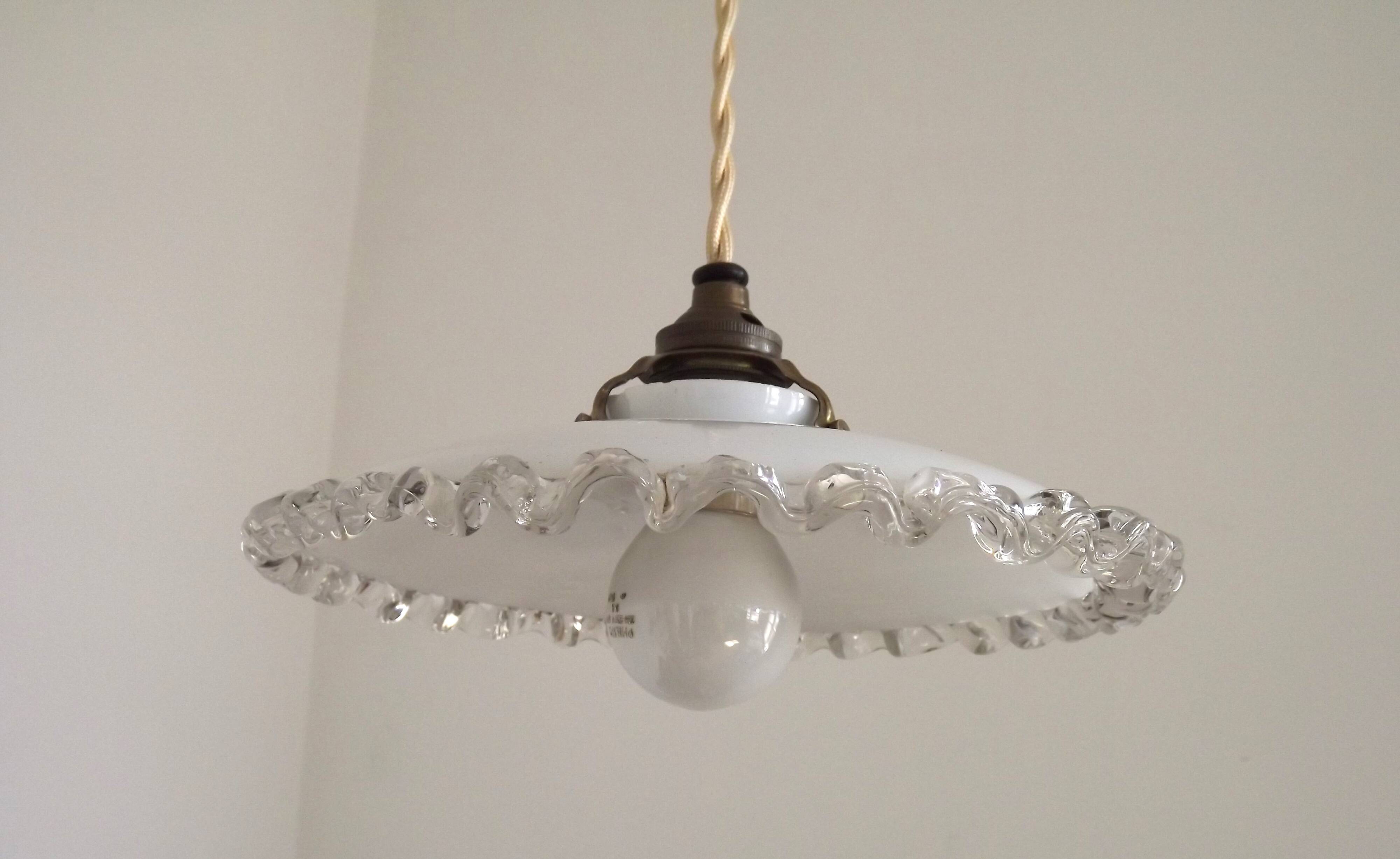 Vintage French Art Deco Opaline Glass Pendant Light Clear Frilled Edge