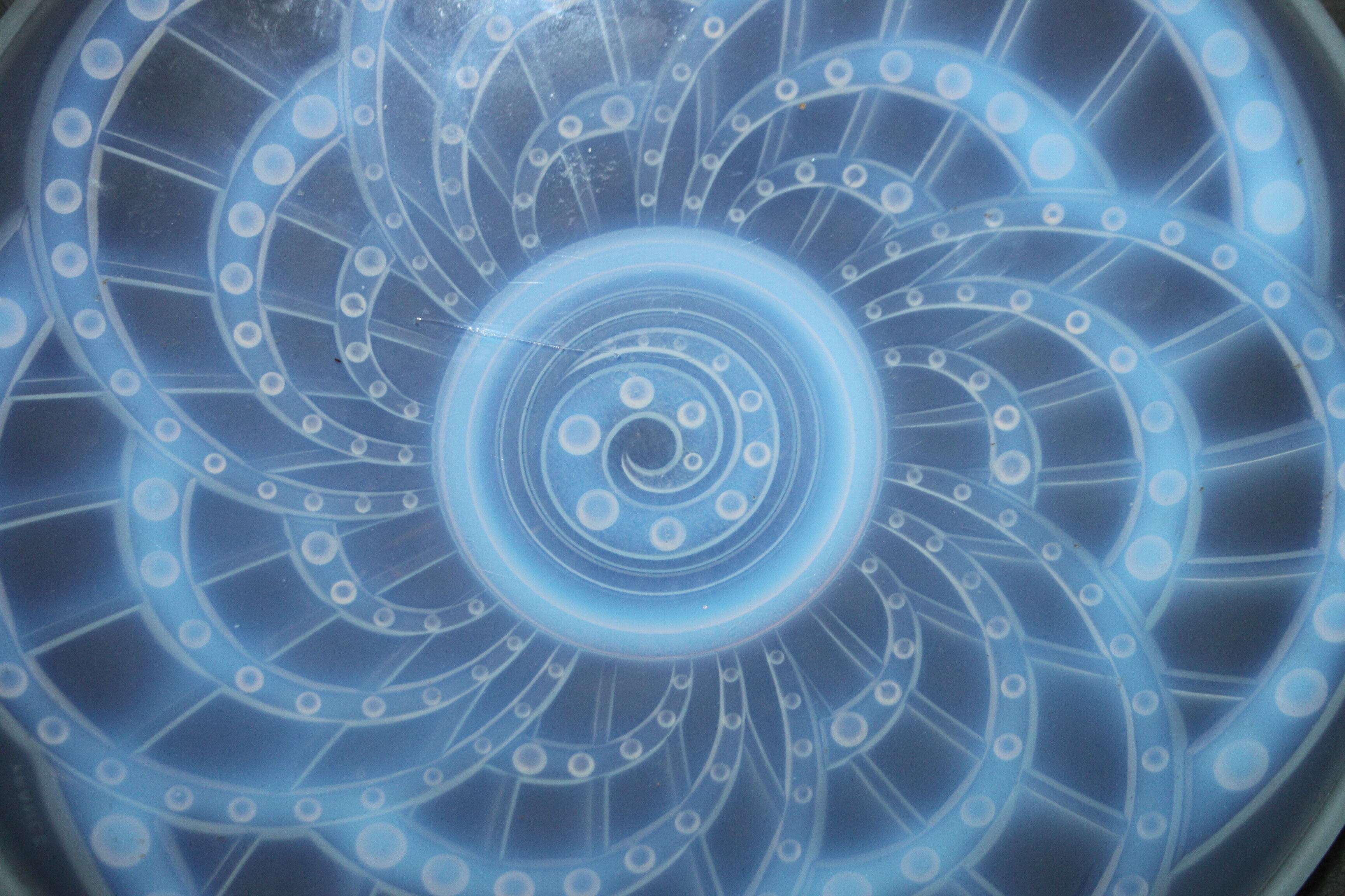 1930s opalescent glass art deco cut. Signed J Landier