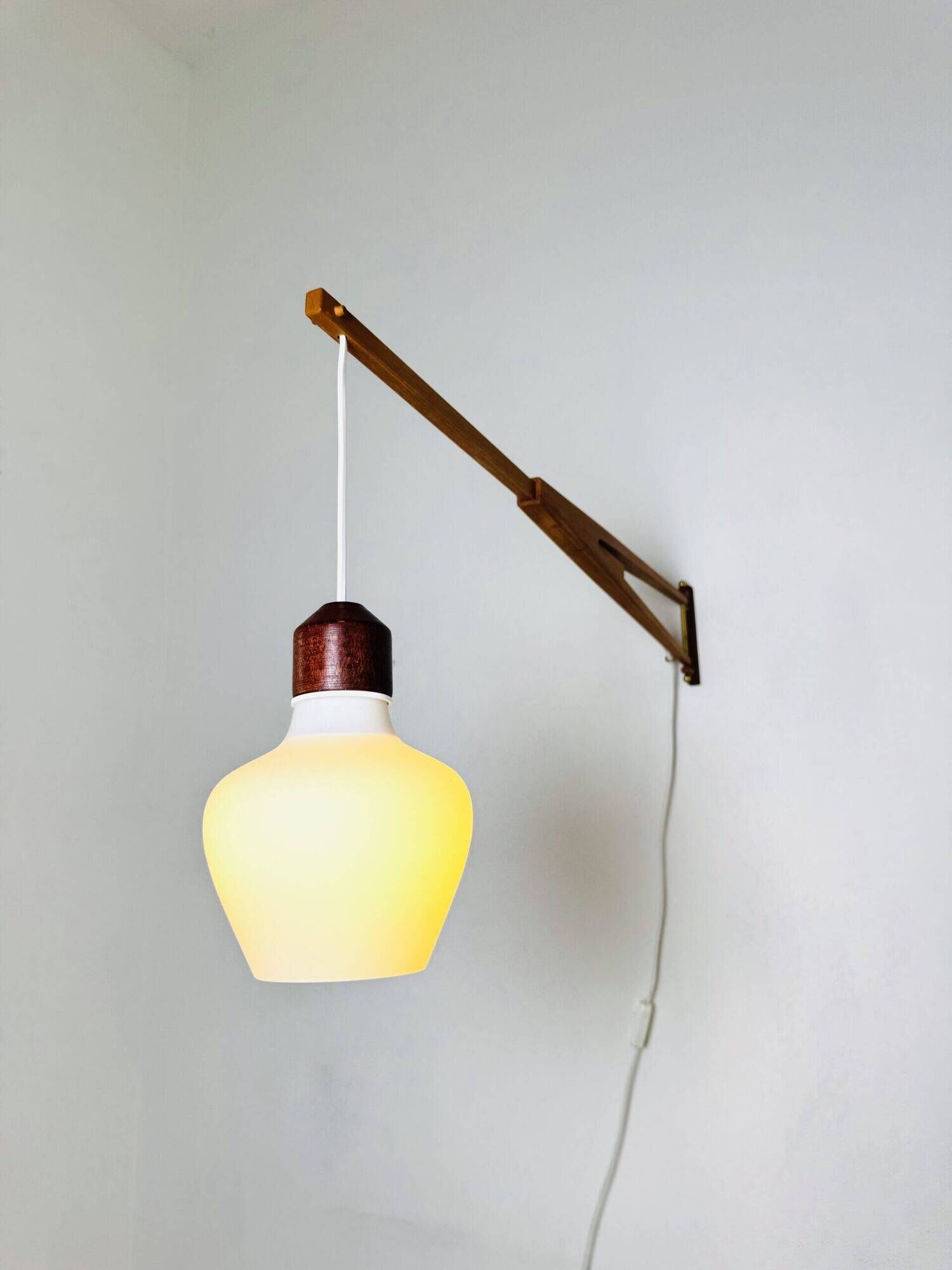 Large Extendable Swivel-Arm Wall Lamp In Wood And Opal Glass, Sweden 1950S