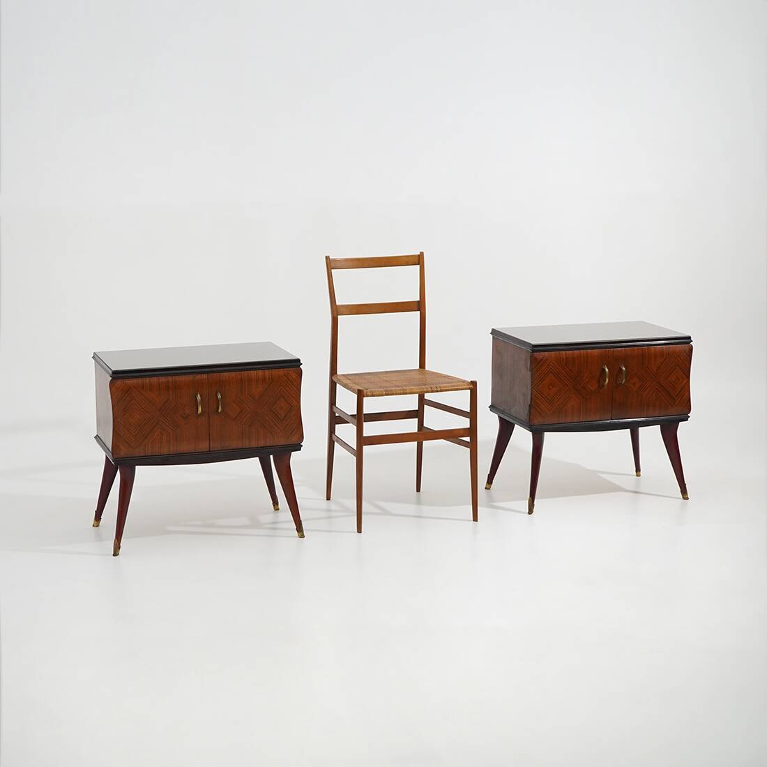 Pair of bedside tables with glass top, 1950s